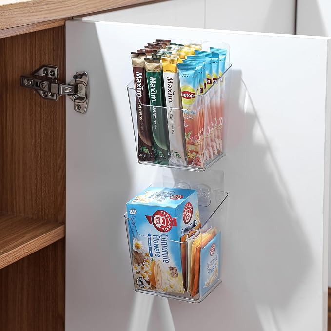 Clear Acrylic Pen Holder, 4 Pack Cabinet Door Organizer Adhesive, Bathroom Wall Mount Caddy Kitchen Plastic Storage Bin Box for Office Marker,Art Supply, Small Cleaning Supply, Seasoning Drink Packet