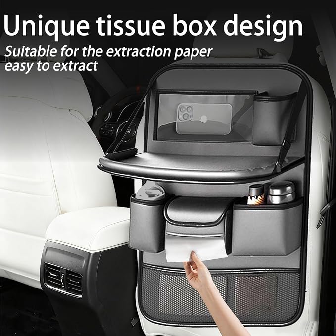 2 Pack Leather Car Seat Back Organizer with Foldable Tray Table, Backseat Car Organizer with Tablet Pocket, Cup Holders, Tissue Pocket, Mesh Pockets, Kick Mat Gray