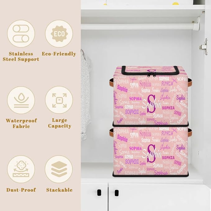 Personalized Kids Toy Box with Name, Custom Nursery Baskets Cubes Box with Zipper Lid, Kids Custom Storage Basket Laundry Baskets Organizer with Handles, Pale Pink Background Colorful Names