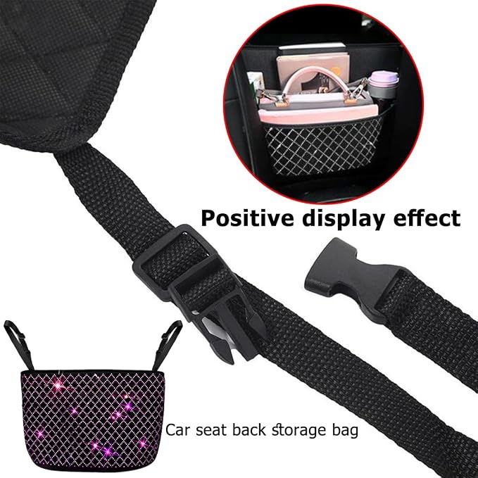 zipelo Bling Car Net Pocket Handbag Holder, Rhinestone Vehicle Backseat Purse Organizer Between Seats, Diamond Hanging Storage Bag Barrier of Pet Kids, Universal Automotive Accessories (Pink)