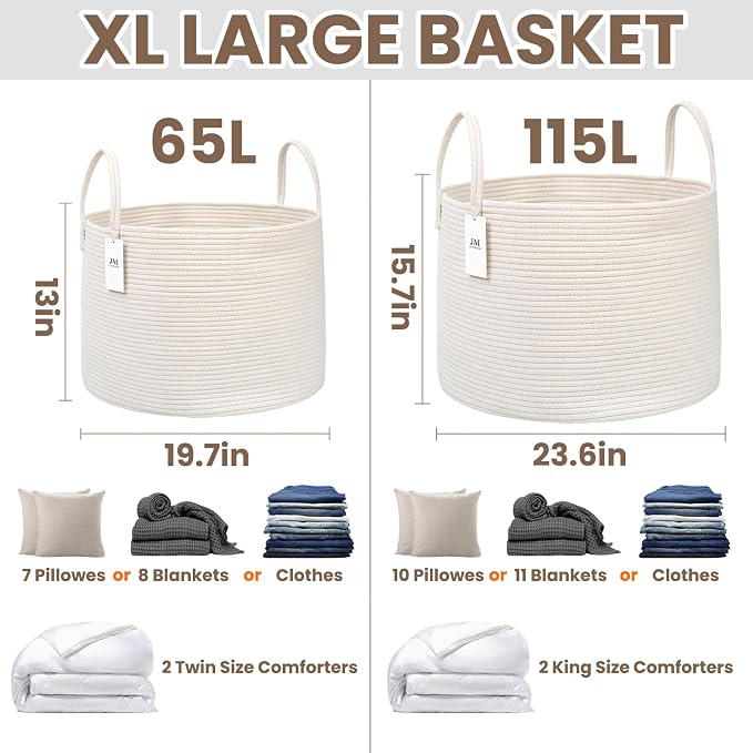 JMvicyroam 65L Extra Large Machine Washable Cotton Rope Blanket Basket | Collapsible laundry hamper, Reinforced handles, For blankets, pillows, toys and clothes, Living room and bedroom, White