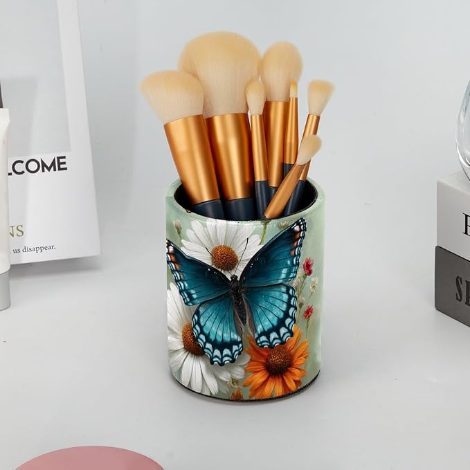 Blue Butterfly Pen Holder, Pencil Cup Marker Brush Holder Desk Storage Case, Desktop Organizer for School Office Home Supplies