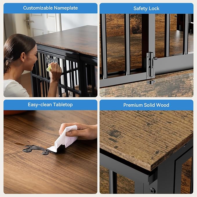 Petrova 47" Dog Crate Furniture with Name Tag, Heavy Duty Dog Kennel Indoor for Large/Medium Dogs, Wooden Dog Cage with Sliding Barn Door, Decorate House as TV Stand, End Table, Rustic Brown
