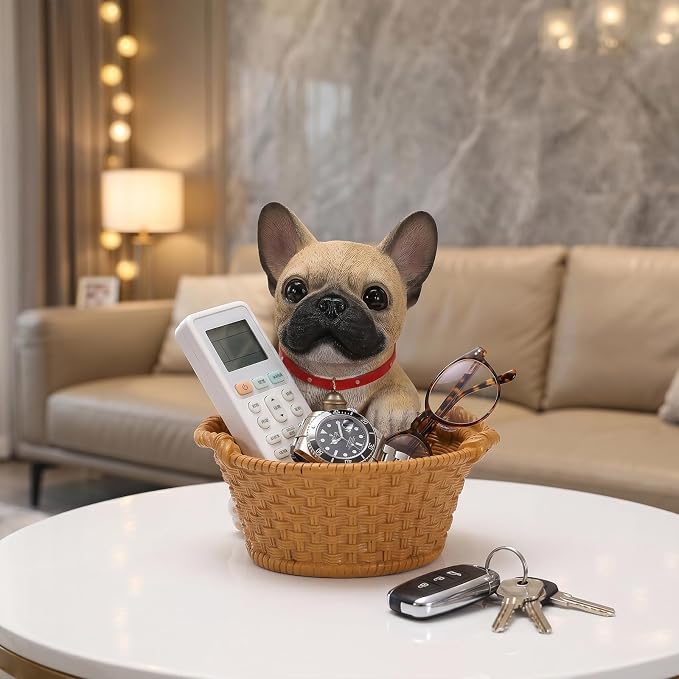 Cute French Bulldog Candy Bowl, Resin Dog Figurine Key Bowl for Entryway Table, Desktop Storage Basket Organizer for Desk, Unique Dog Lover Gift