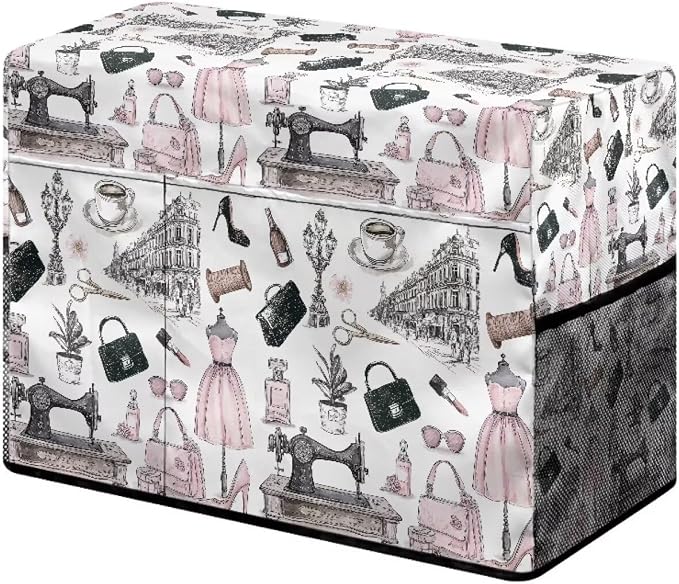 Vintage Sewing Element Sewing Machine Cover with Storage Pockets,Dust & Pet Hair Protection,Fits Standard Singer, Brother and Janome Machines Gifts