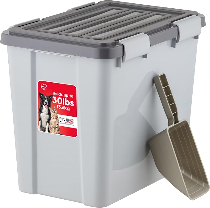 IRIS USA Dog Food Storage Container, Up to 30 lbs, Gray/Dark Gray | Made in the USA, Comes with 2-Cup Scoop, Stacklable, BPA-Free, 4 Secure Latches, Bird Seed, Chicken Feed, Pellets, Camping