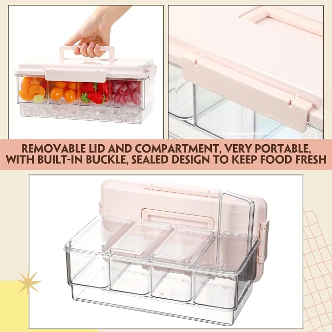 Chilled Condiment Caddy with Handle 4 Containers Taco Bar Serving set for a Party 1 Tong, 1 Ice Scraper, 4 Metal Forks, 20 Spoons for Mimosa Bar Supplies Accessories(Pink)