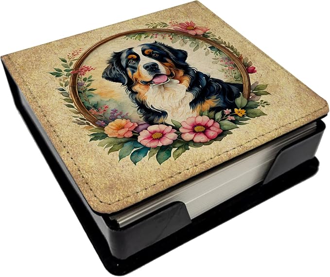 Caroline's Treasures Bernese Mountain Dog and Flowers PU Leather Note Paper Holder with Artist-Designed Cover, Desk Accessory, Office Gift