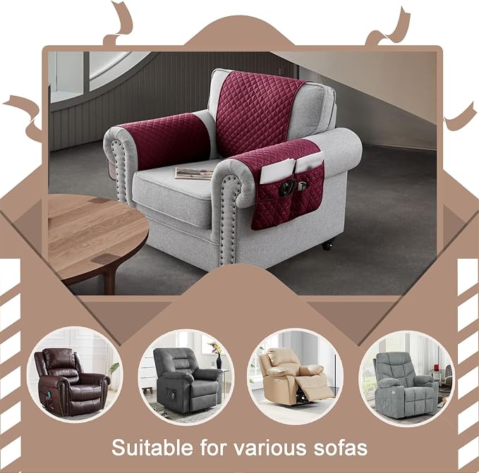 Water-Resistant Sofa Armrest and Headrest Covers with Side Pocket | Keep remotes close quilted polyester helps guard against wear, pet scratches, and kids' messes silicone backing adds grip