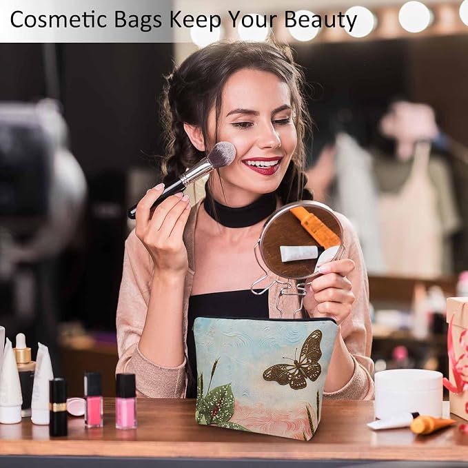Women Cosmetic Bag Butterfly, Pond Green Leaves Floral Butterflies Cute Makeup Bag For Purse Cosmetic Travel Bag For Toiletries Makeup Storage Bag Flax Skincare Bag Make Up Pouch Bags