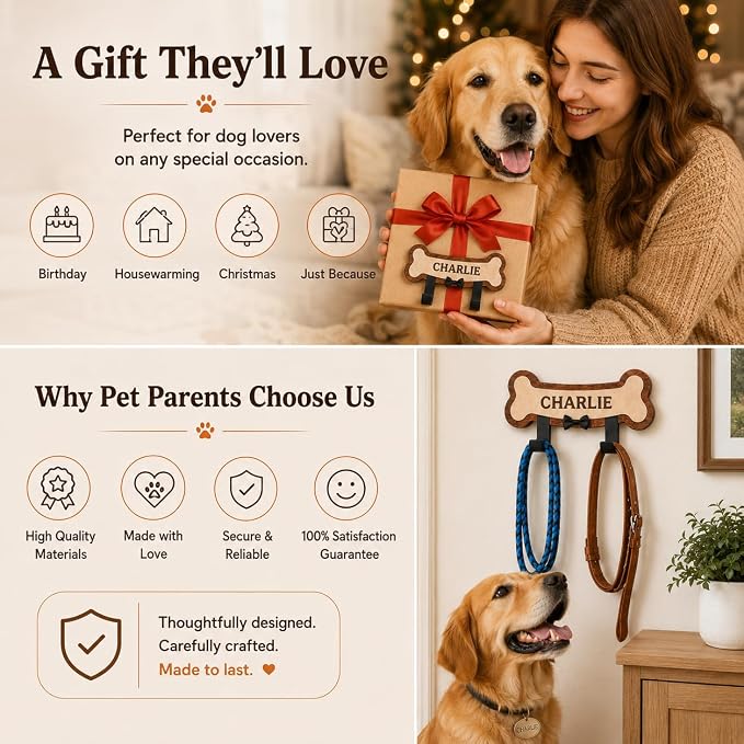 Personalized Dog Leash Holder for Wall, Custom Pet Name Bone Wall Hook with Double Metal Hooks, Wooden Dog Leash Organizer for Collar, Harness & Keys, Pet Lover Gift for Dog Owners