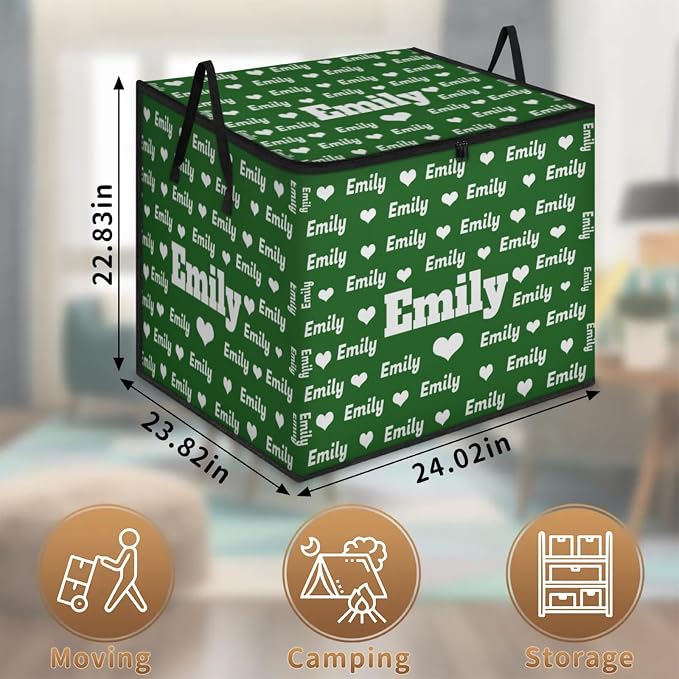 Personalized Extra Large Storage Bins with Lid, Customized Name Dark Green with Love Heart Jumbo Storage Basket Rectangle Clothes Organizer for Organizing Kids and Pets Toys Shelf Closet