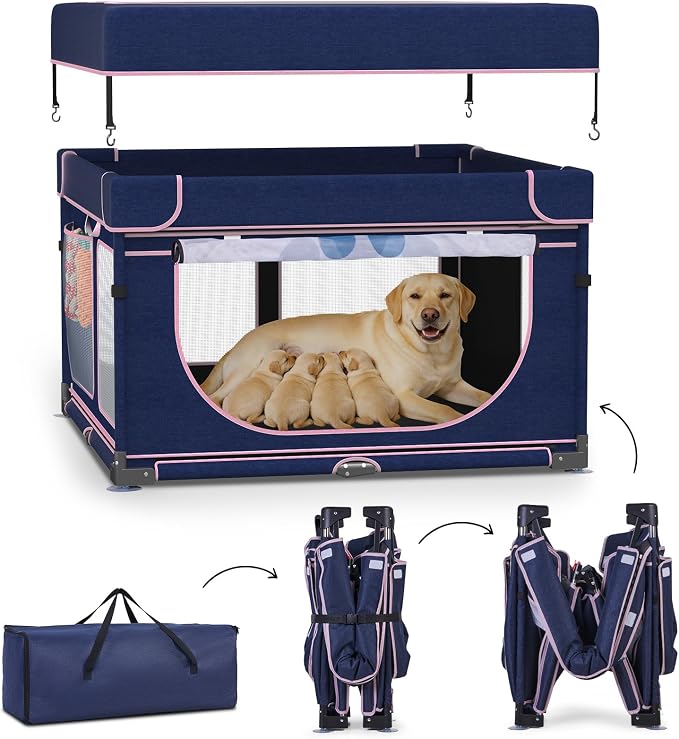 LOOBANI Foldable Whelping Box for Dogs, 1 Min Setup, 43.3"x43.3"x27.1" | Pet Puppy Playpen Indoor With Cover & Waterproof Bottom, Portable Birthing Box For Dog Cat Duck,Sturdy,Patented,Blue+Pink