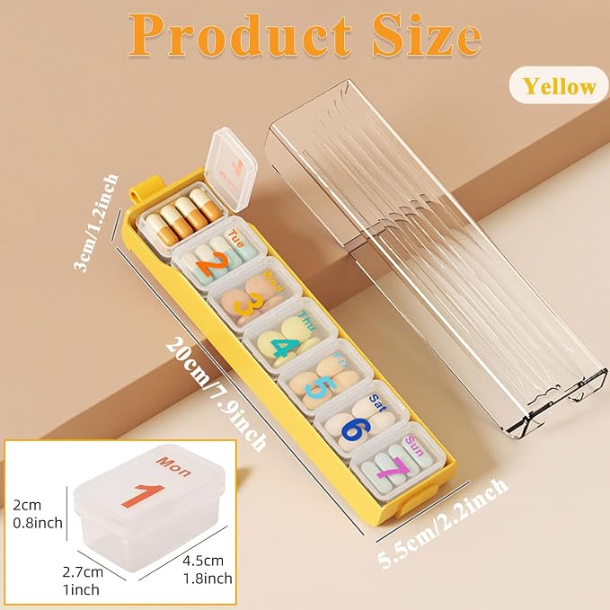 7 Days Travel Pill Dispenser Case, Weekly 7 Compartment Pill Box | Mini Portable Daily Medicine Pill Organizer, Every Day Dose, Senior-Friendly, for Vitamins, Supplements, Fish Oil (Yellow)