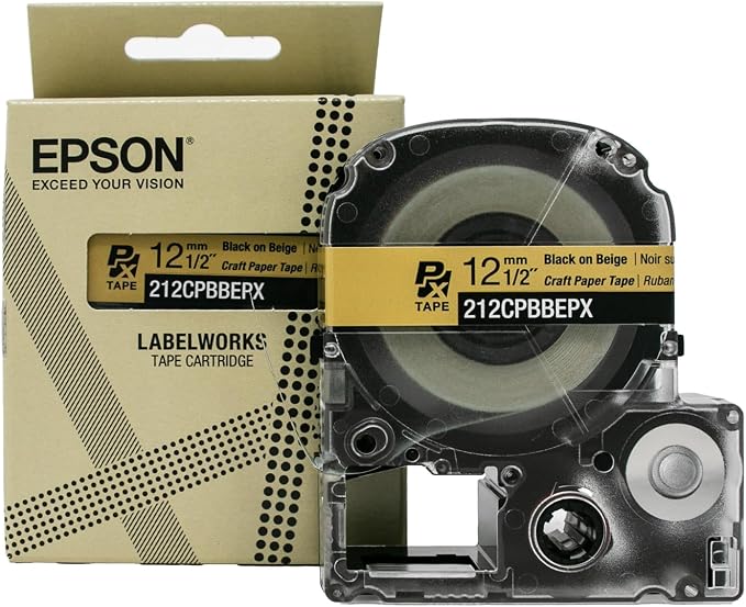Epson LABELWORKS 212CPBBEPX Craft Paper Tape - Black on Beige - 1/2" (12mm) | Genuine Epson craft paper label tape, natural kraft look for gifts, crafts & organizing, Black on Beige, 12mm, 16.5ft