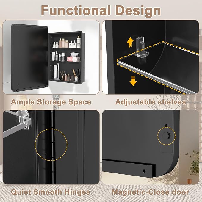 20x28 in Bathroom Medicine Cabinet with Mirror, Matte Black | Fully Assembled; Recessed or Surface Wall Mount; Metal Cabinet with Tempered Glass Mirror and Two Adjustable Glass Shelves