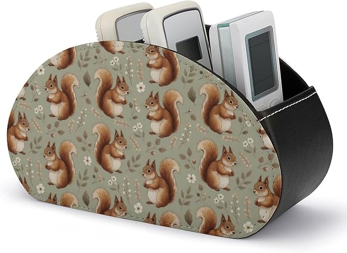 Pu Leather Remote Control Holder Box Squirrel Floral Desk Storage Caddy | with 5 Compartments, Squirrel Floral Office Supplies Table Decor for Media Player, Stationery, Makeup Brush