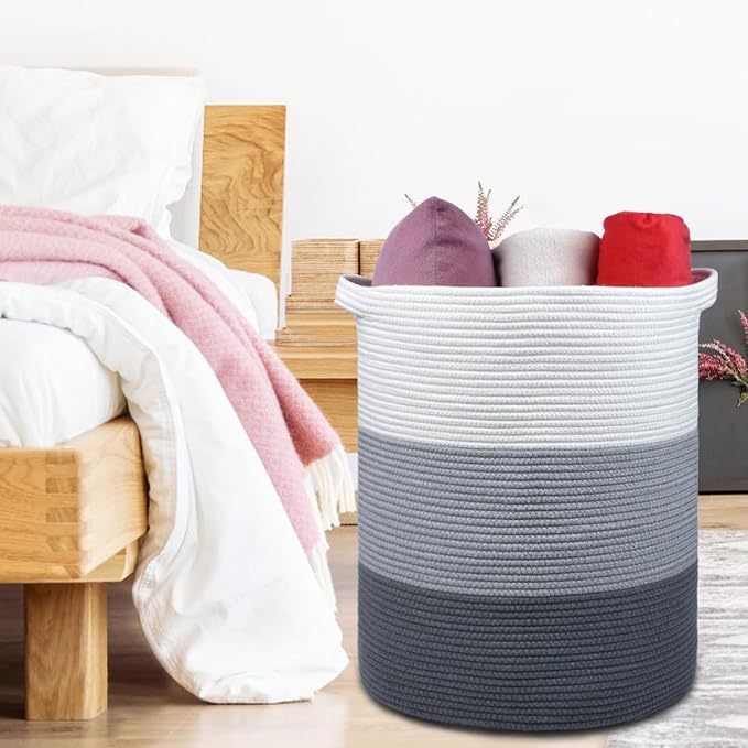 Cotton Rope Blanket Basket, 72L Tall Laundry Hamper, White & Gray
