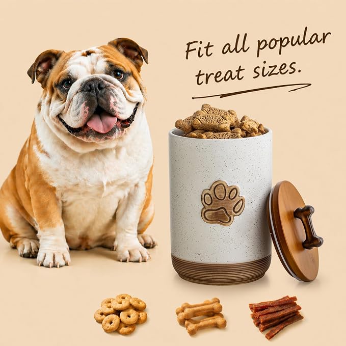Miamolo Dog Treat Container with Lid, Airtight Dog Treat Jar for Countertop | 8 Cups Ceramic Small Dog Food Canister | Decorative Training Dog Cookie Jar with Handle | Premium Pet Gift, Paw Dotted White