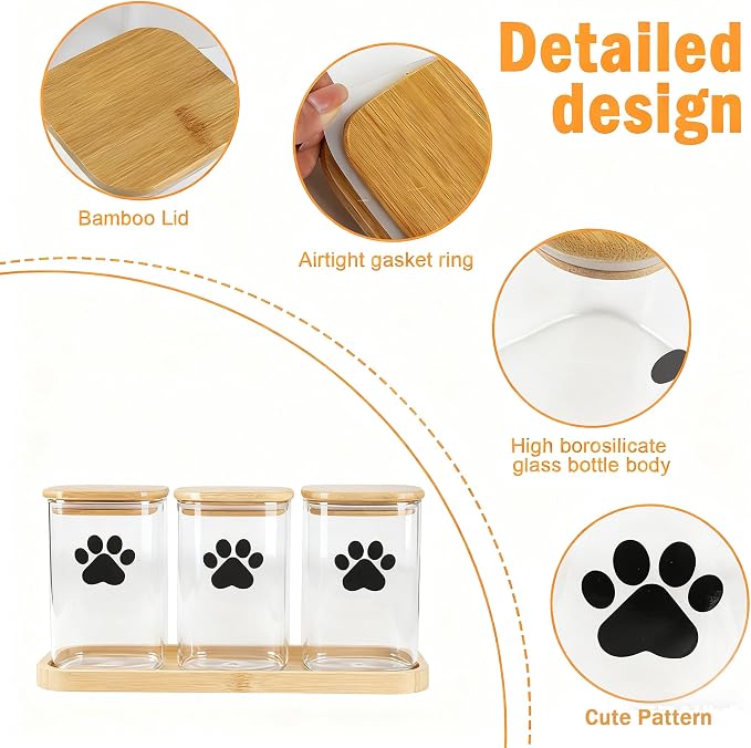 37oz Glass Dog Treat Jars Set of 3,Clear Dog Treat Container with Bamboo Lids,Airtight Cat Treat Jar,Small Pet Treat Canister,Puppy Food Bin-Keep Fresh Crispy-Square