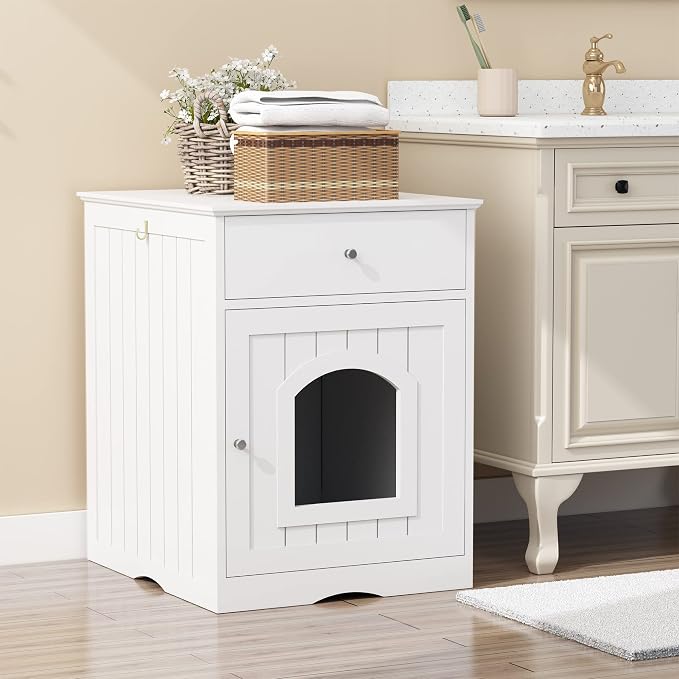 NicBex Cat Litter Box Enclosure with Drawer and Single Door Hidden Litter Box Furniture Pet Crate Covered Nightstand,Night Stand Cat House Indoor,White,18.9'' W