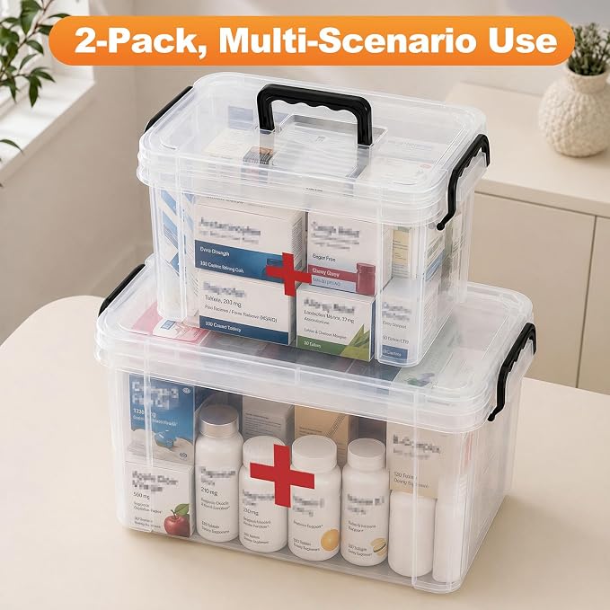 2 Pack Clear Medicine Organizer Box with Handle, Plastic Medicine Container with Tray Empty First Aid Box Empty, Thickened Medicine Storage Organizer Multipurpose Medication Organizer Storage, Clear