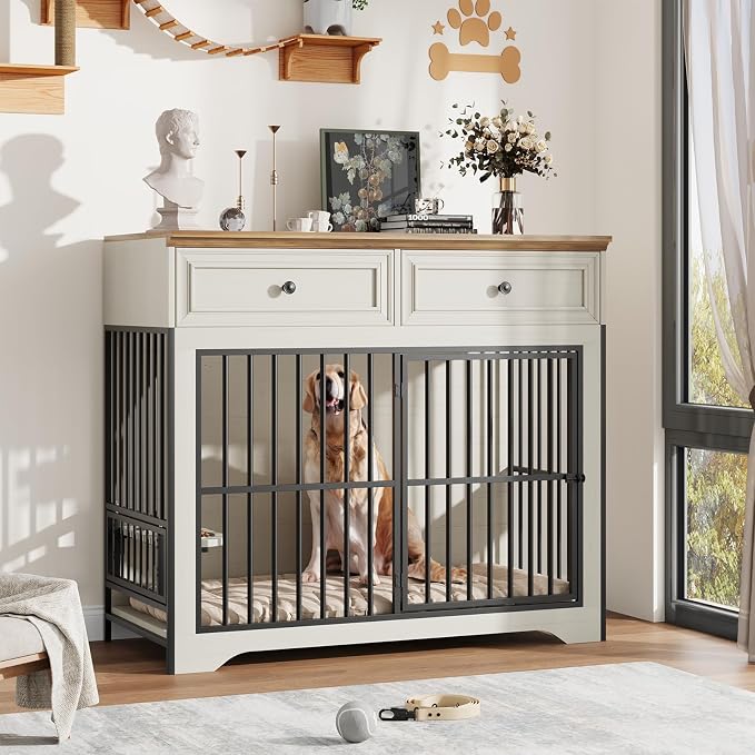 QUW 42" Modern Dog Crate Furniture, Wooden Dog Kennel for Medium to Large with 360° Rotating & 3-Levels Adjustable Height Dogs Bowl Holder, Decorative Dogs cage Pet House Indoor, Antique White