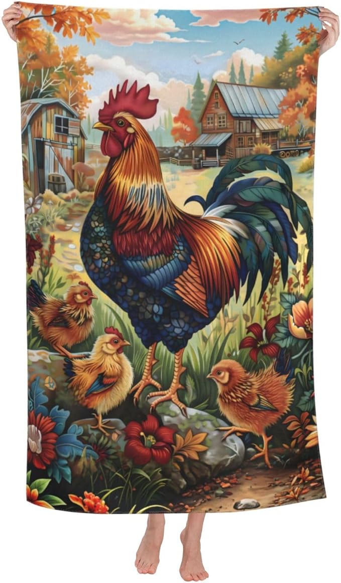 Farm Rooster Beach Towel 31inx51in, Chicken Sand-Free Microfiber Bath Towel Ultra Soft Quick Dry Pool Towel Absorbent Towel Lightweight Towel for Swimming Bathroom Decor