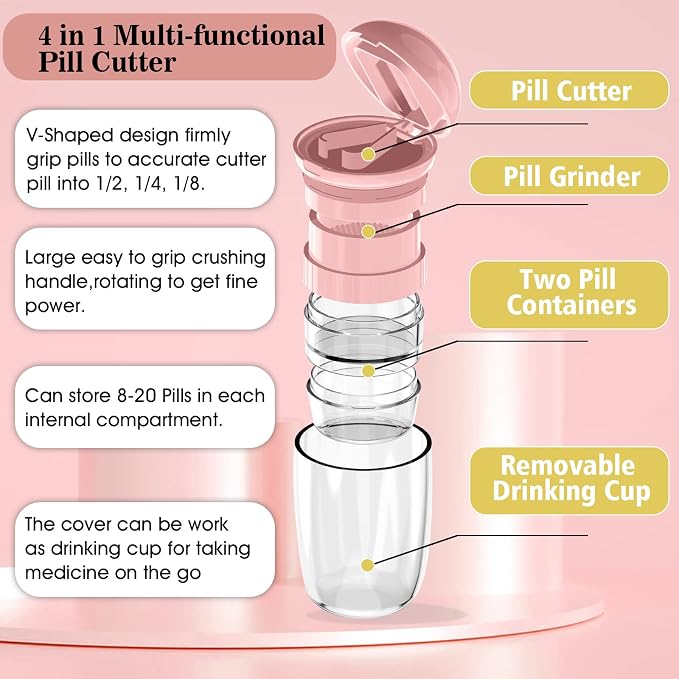 Pill Cutter Crusher Splitter: 3-in-1 Portable Pill Case Pink