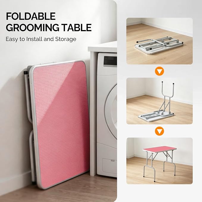 VINGLI Dog Grooming Table, Adjustable Cat Grooming Desktop with Arms and Storage Basket, Pet Grooming Stand at Home (Pink, 36 inch)