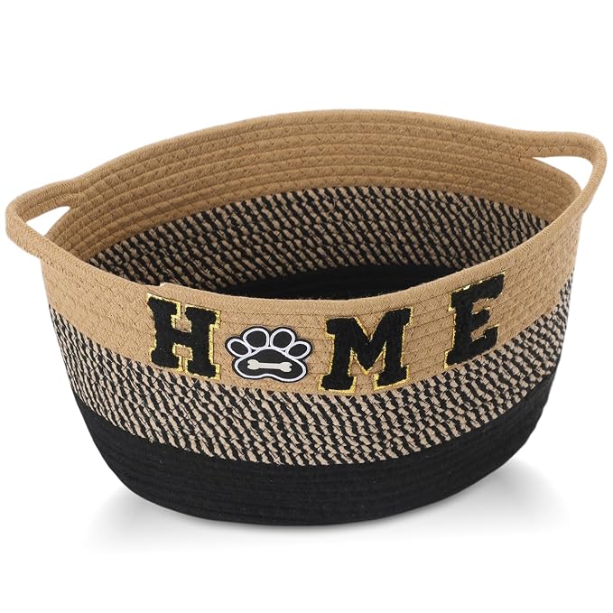 Dog Toy Storage Basket - Large Woven Rope Organizer Bin with Home Paw Patch, 13'' x 8.7'' Decorative Pet Bin Box for Living Room, Cotton Rope Basket for Dog Toys Blankets Accessories