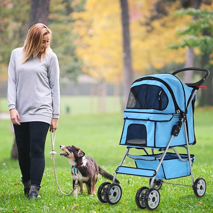 4 Wheels Cat Stroller, Pet Cat Jogger Stroller, Folding Carrier Waterpro with Cup Holder & Removable Liner, Dog Strollers for Small Dogs, for Small and Medium Pet Supplies (Blue)