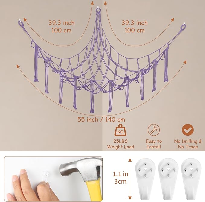 Stuffed Animal Hammock Corner,55 Inch Large No Drilling Plushie Net,Purple | Handcrafted Natural 100% Cotton Stuffy Hammock,Boho Macrame Toy Net,Stuffed Animals Storage Plush Holder ,Nursery Room Decor