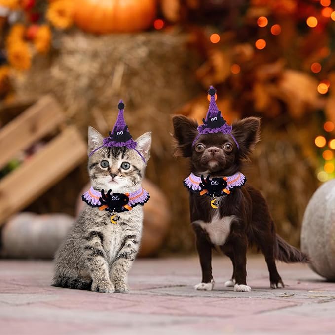 Kunyeah Halloween Pet Costume Set for Cats Small Dog Adjustable Knitted Hat Scarf Pumpkin & Witch Print Puppy Bib Cute Crochet Cat Collar Cap Pet Apparel Outfit (Purple-Spider)