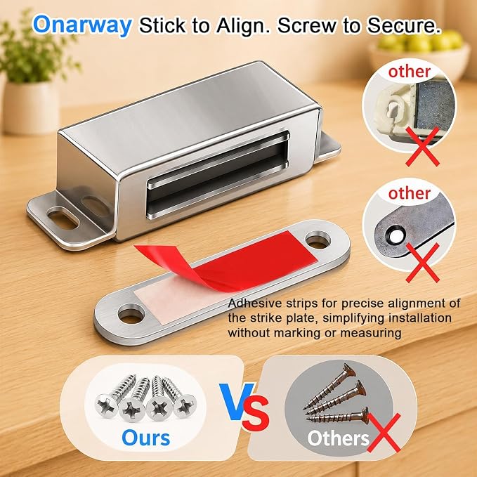 Strong Cabinet Magnets for Closure 40 lbs 2 Pack - Hold Warped Doors Tight | Magnetic Door Catches/Latches Stainless Steel for Cupboard Closet Drawer Window - No Measure or Mark Install in 5 Mins
