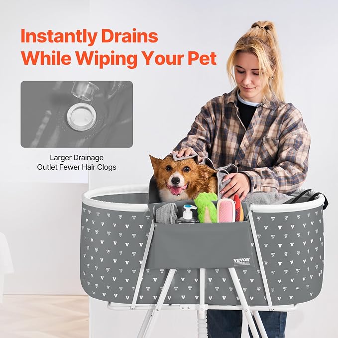 VEVOR Portable Dog Bathtub Foldable Pet Shower Station with Drain, Grey | for Washing and Grooming Small and Medium Dogs and Cats Indoors or Outdoors, with Efficient Drainage and Space-Saving Storage