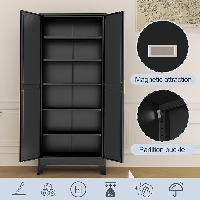 Black Metal Storage Cabinet,75" Steel Cabinets for Home Office | Kitchen Pantry Storage Cabinet with Doors and 5 Adjustable Shelves, Tool Cabinets, for Office, Home, Garage, School