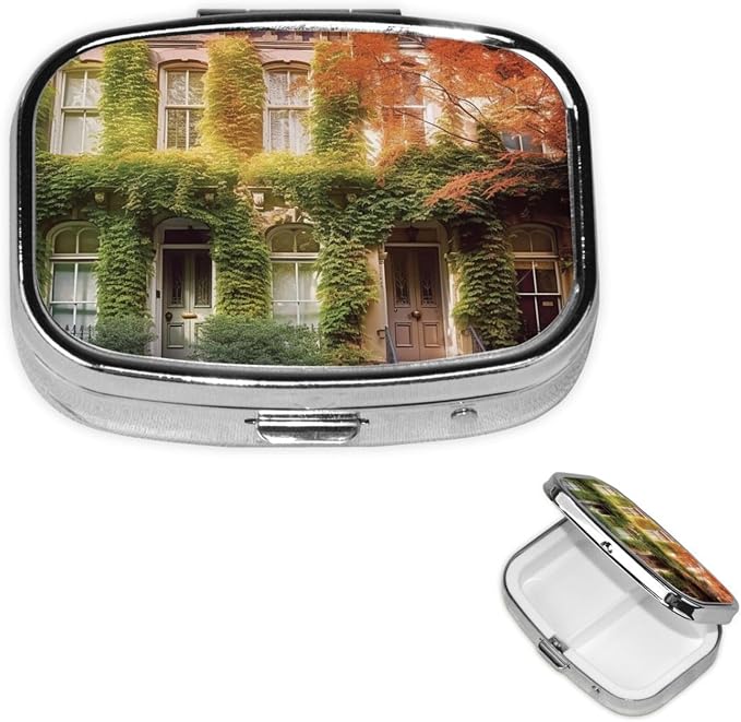 Square Pill Box Leafy Townhouses Pill Case for Purse & Pocket 3 Compartment Pill Organizer Portable Travel Pillbox Medicine Pill Holder Container for Daily Vitamin Cod Liver Oil Storage