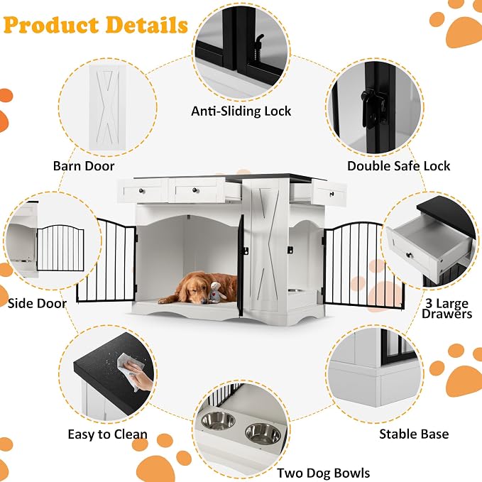 43.3" Farmhouse Dog Crate, Furniture Style Dog Cage with 3 Drawers, Removable Feeder and 2 Bowls, Wooden Heavy Duty Dogs Crates End Table for Medium Large Dogs, White+Black