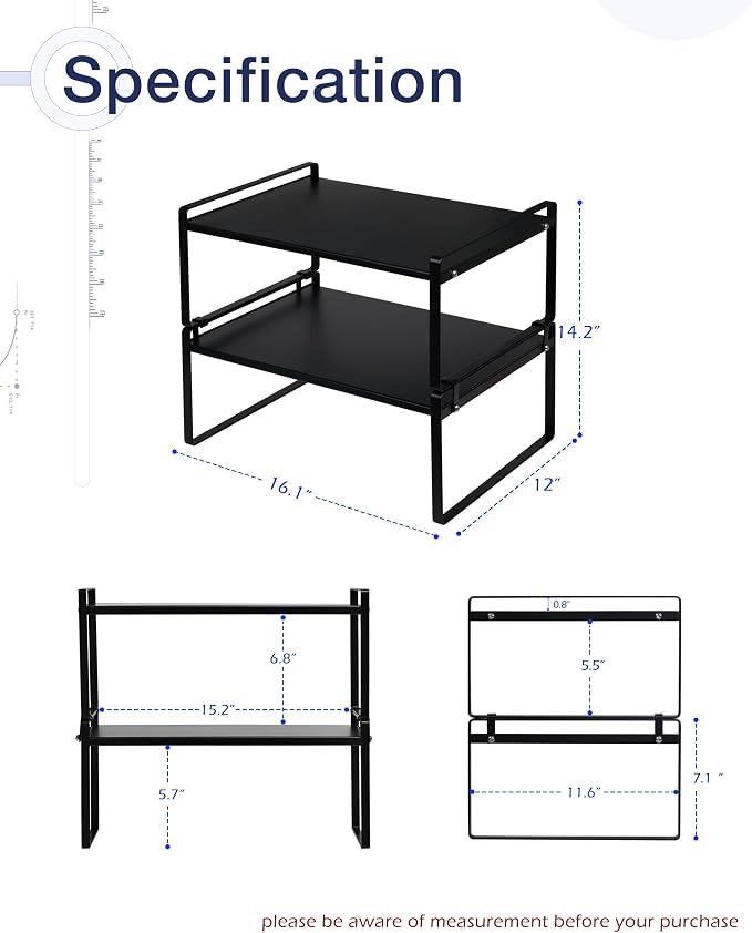 Nxconsu Stackable Cabinet Shelf Organizer 2 Pack, Wide Black | Heavy-Duty 3mm Steel Stackable 2-Tier Shelf, Holds 50 lb, for Kitchen Cabinet Pantry Cupboard Counter Bathroom Under Sink