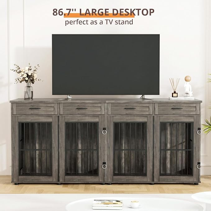 VOWNER 87" Dog Crate Furniture for 2 Dogs, Double Dog Cage Furniture, Grey | Extra Large Wooden Dog Kennel with 4 Drawer, Removable Divider, Furniture-Style TV Stand, XXL Dog Crate for Large Medium Dogs