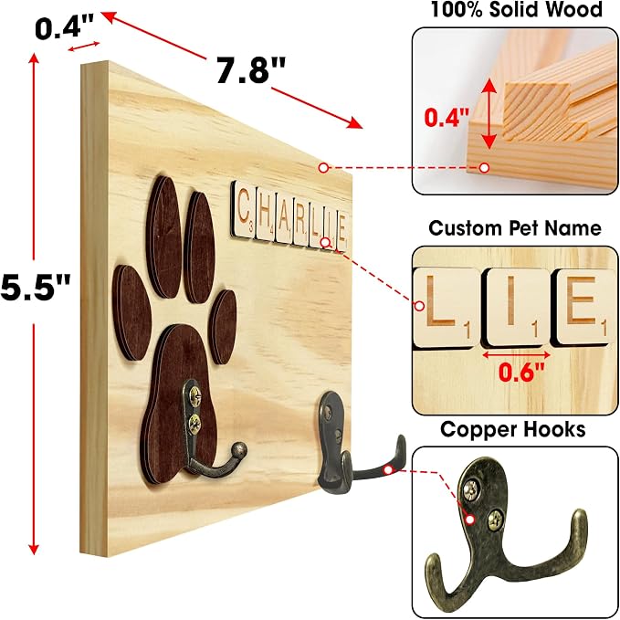 Dog Leash Holder Wall Mount, Pet Harness Hanger with Scrabble Letters, Dog Collar Organizer for Entryway, Cat Leash Key Holder for Wall, Pet Memorial Loss Gifts, Home Decor PF218-N