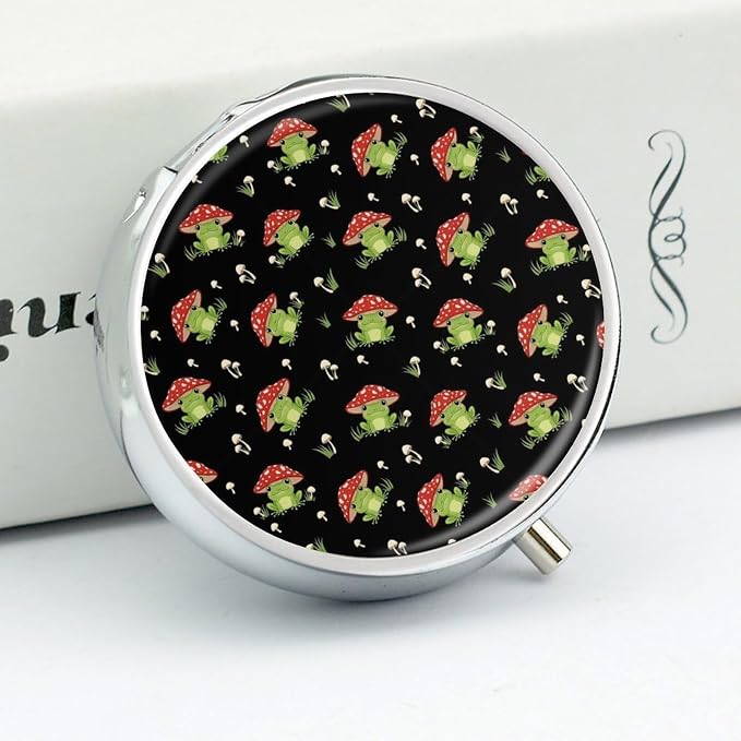 Pill Box with Mirror Cute Frogs Cartoon Mushroom Hats Round 3 Compartment, Metal Portable Pill Case for Purse Travel Supplements