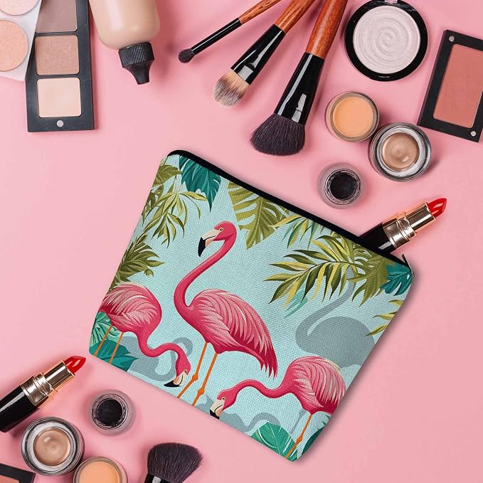 Women Makeup Organizer Bag Flamingo Exotic Flamingo Tropical Palms Flax Cosmetic Bag Makeup Bags Toiletry Bag Accessories Organizer Travel Bags For Home Bathroom Office Hotel Gym Pink Green