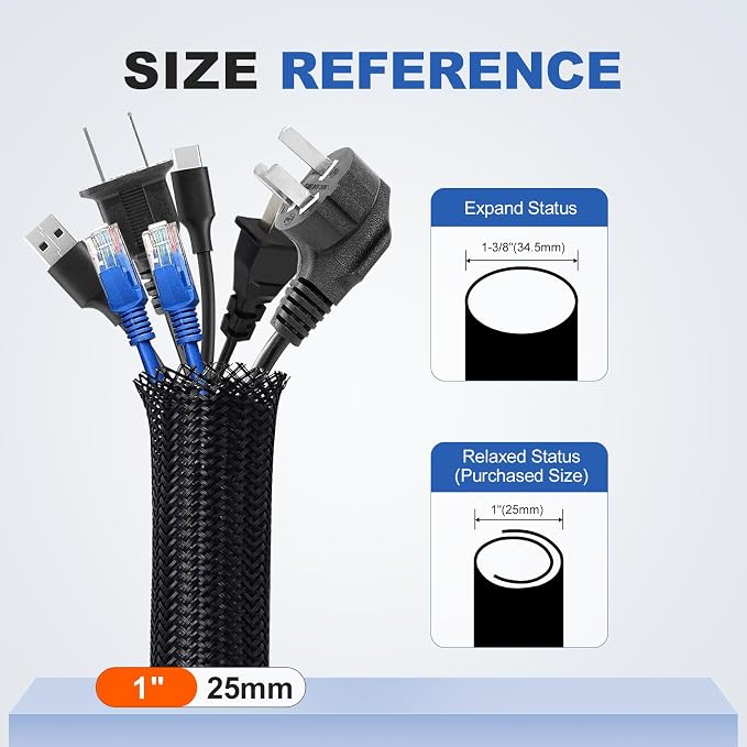 1" Cable Management Loom Wrap Sleeve Cord Wire Hider Organizer Covers | ELECFUN 16ft