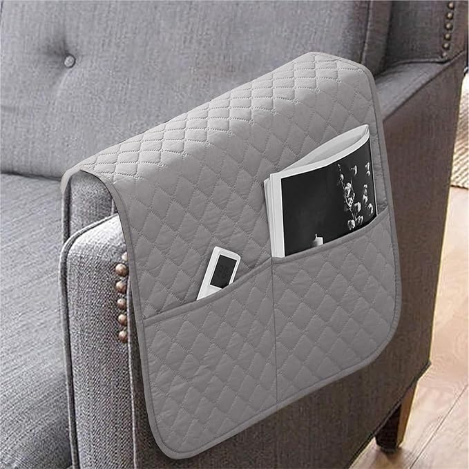 Armrest Covers Arm for Chairs Couch Sofa Armchair Slipcovers Recliner Organizer Non-Slip Chair Bedside Storage Caddy Holder 2 Pockets Magazines Waterproof(Light Gray)