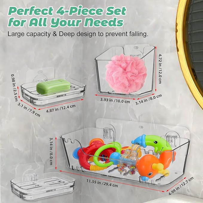 Wakauto 4 Pack Clear Wall Mounted Bath Toy Organizer & 2 Soap Dishes | Bathtub toy holder basket, adhesive shower caddy, kids bathroom storage, easy drainage design
