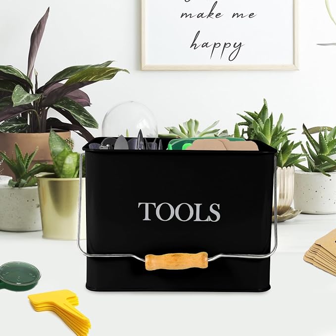 Garden Tool Organizer - Metal Caddy With 3 Compartments, Portable Basket With Handle, Kit Holder Empty, Storage for Indoor and Outdoor Use - Black
