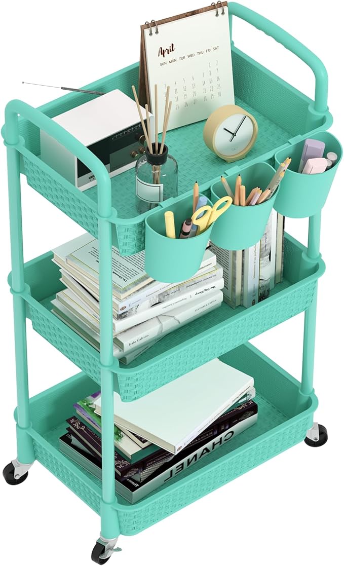 MOYIPIN 3-Tier Plastic Rolling Utility Cart with Handle,Turquoise | Utility Storage Cart for Office, Living Room, Kitchen,Movable Storage Organizer，Easy installation，Rattan-like art design