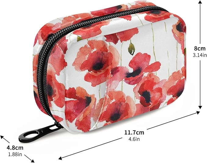 Watercolor Poppy Flowers Pill Box 7 Day Pill Case Travel Pill Organizer Bag with Zipper Portable Weekly Case Compact Size for Vitamin Supplement Holder